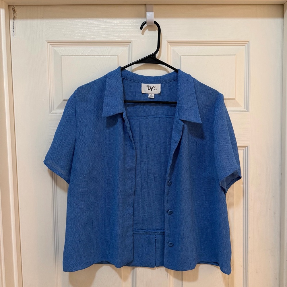Blue Short-Sleeve Open-Front Cardigan – Size 14 Breezy Textured Layer!